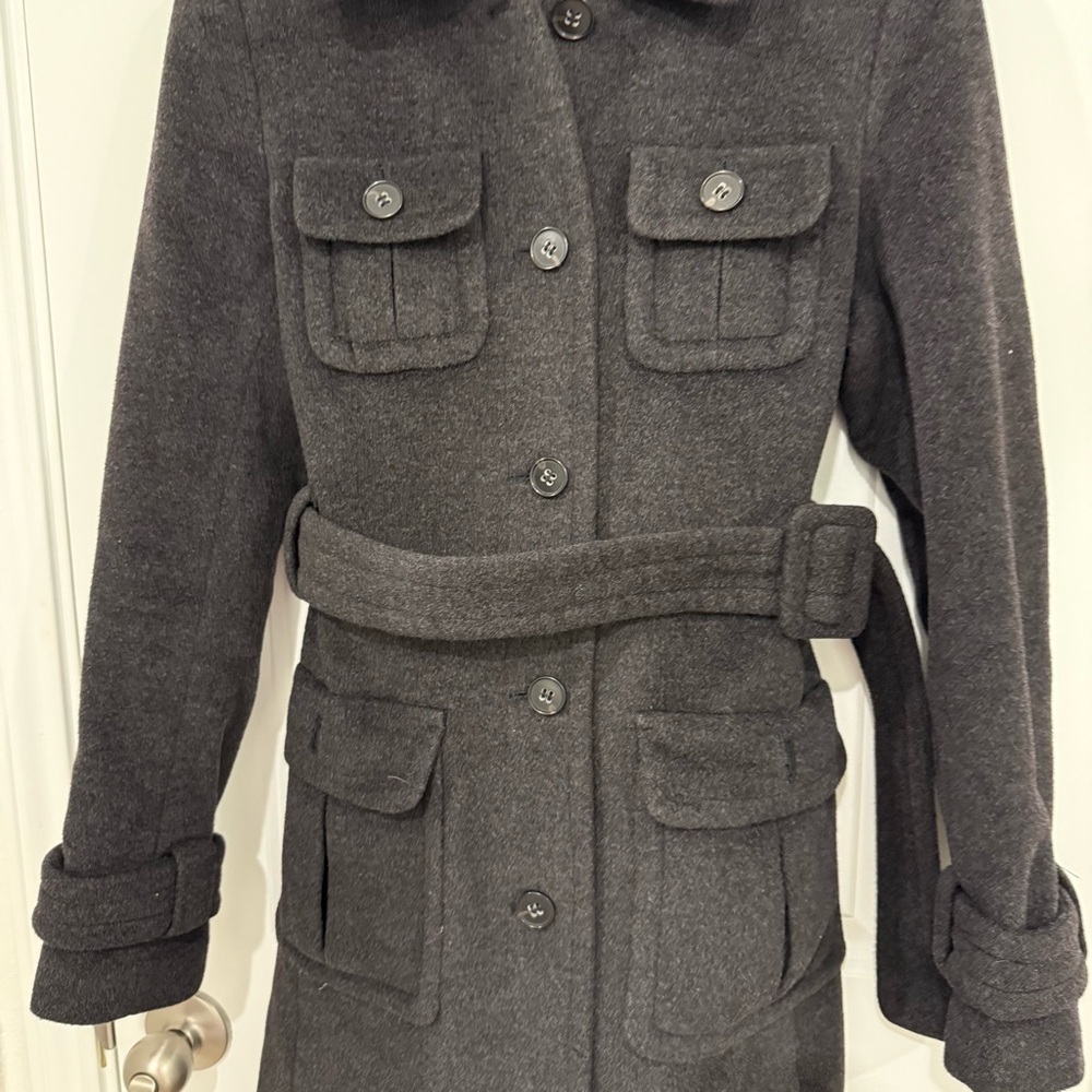 Theory Charcoal Belted Wool Blend Coat Size M Lux Contemporary Minimalist